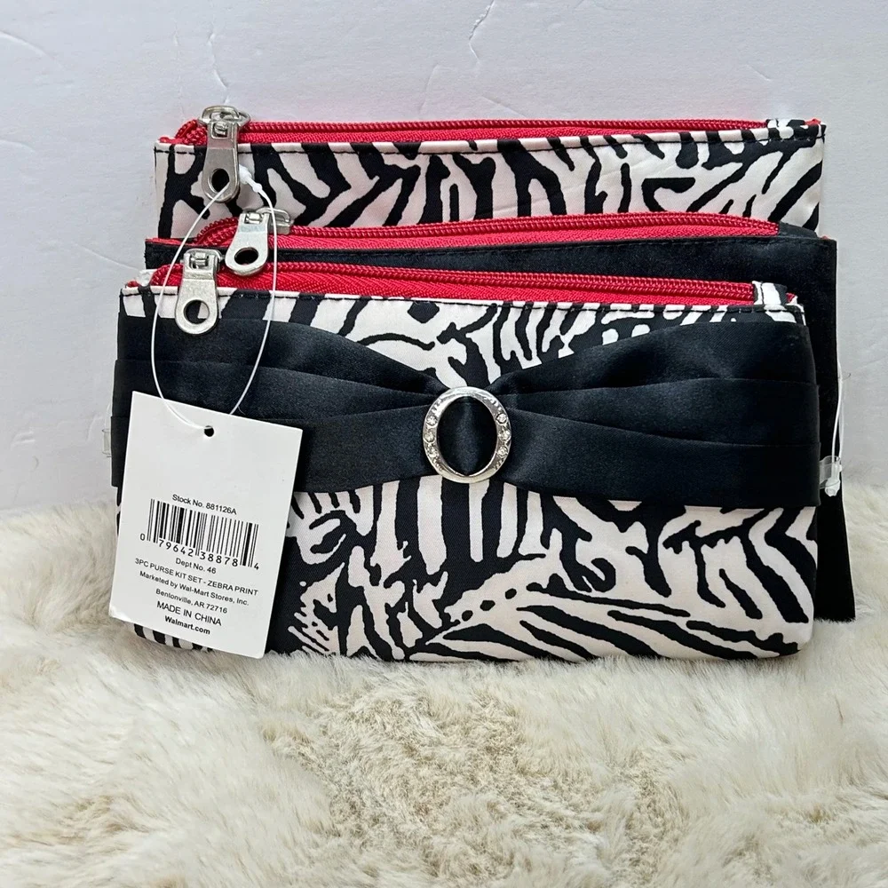 Modella 3 Piece Purse Set Zebra Print Black Bow Accent‎ Travel Organization NEW